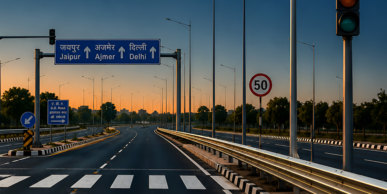 Highway infrastructure with signage, gantry and lighting at sunset
